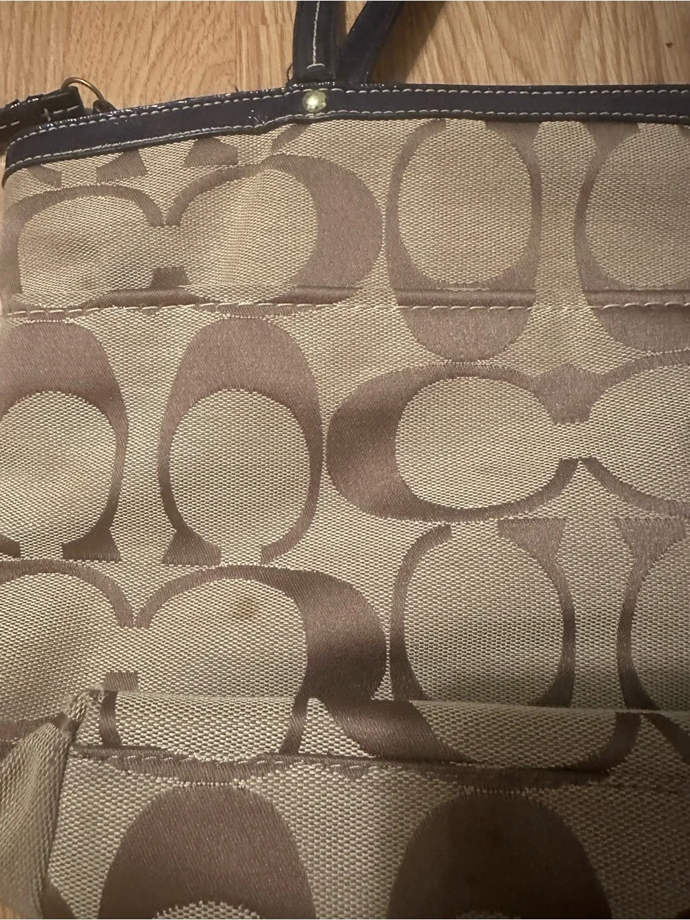 Coach Brown Signature Canvas Tote with Navy Center Stripe